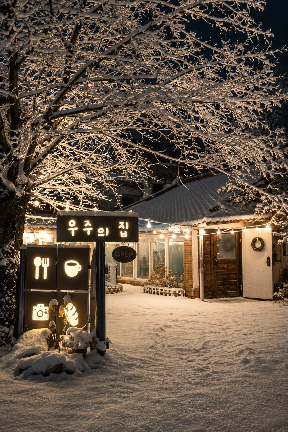 겨울, 눈 내린 밤의 우주의 집 입구