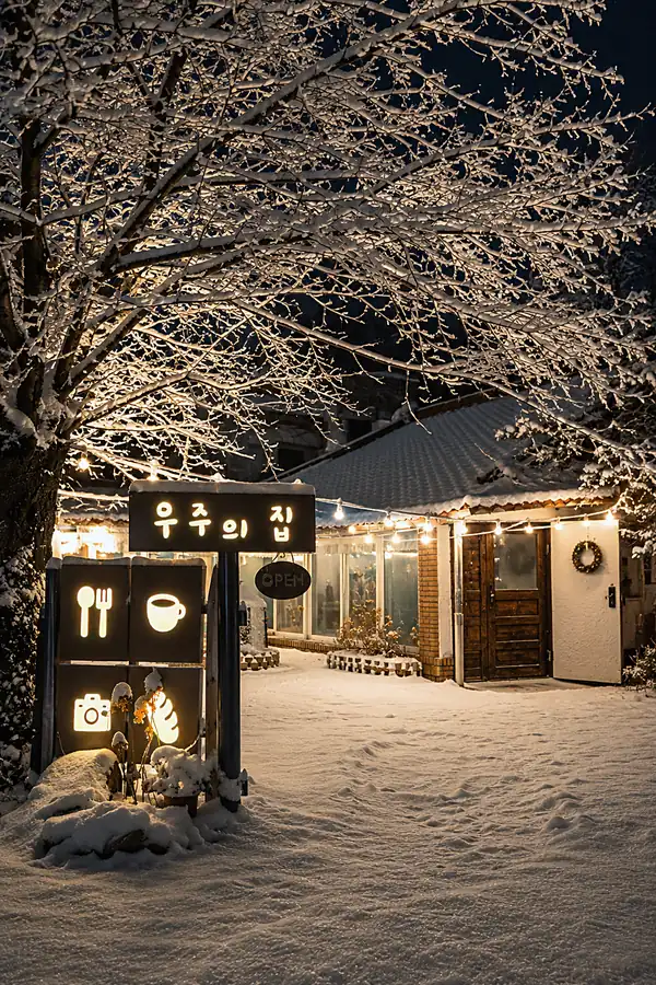 눈이 쌓인 겨울밤의 우주의 집 외관. 간판과 처마 조명이 켜져 있다.